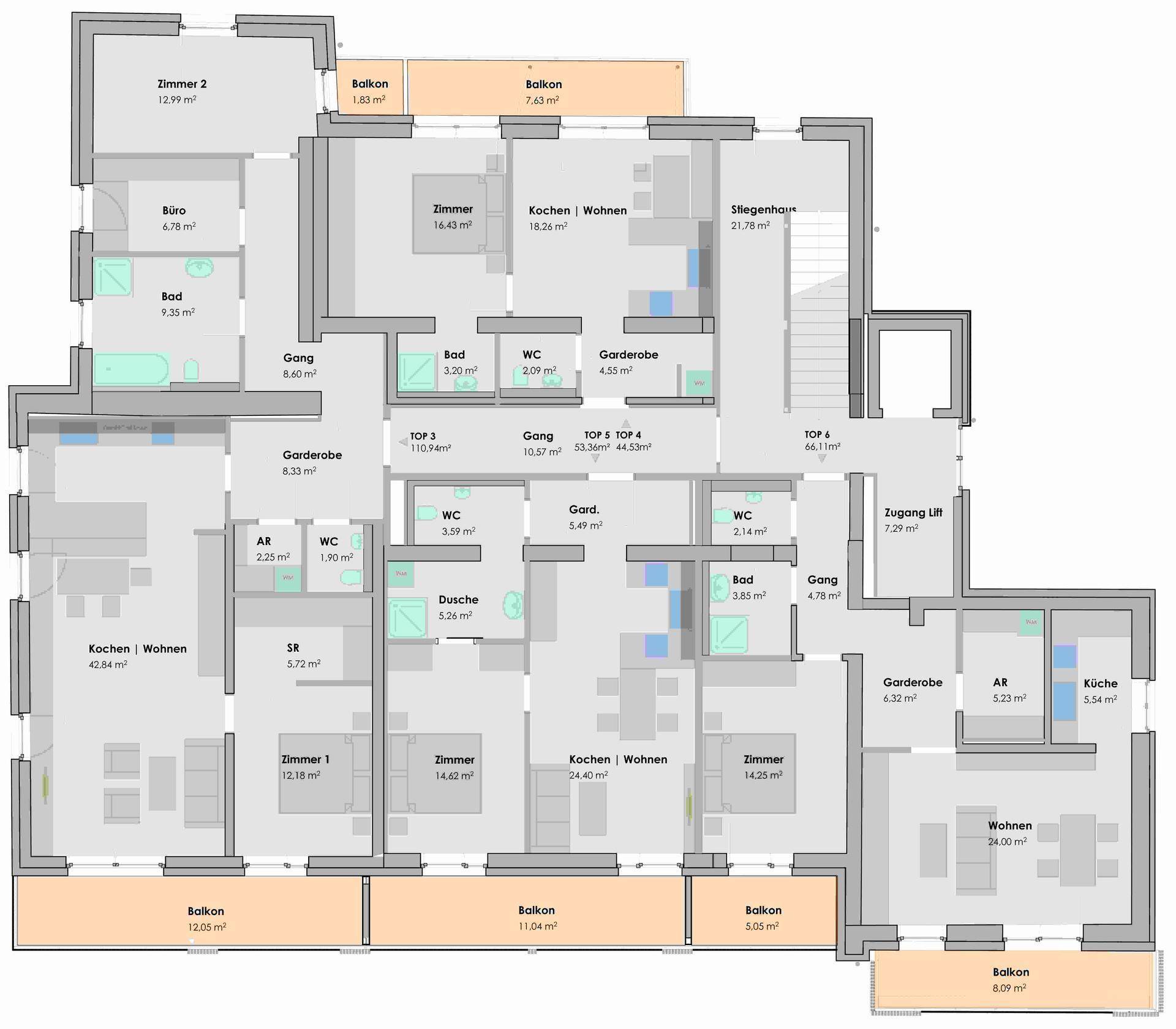 Übersichtlicher Grundriss einer Etage mit mehreren Wohnungen, Balkonen und Liftzugang.