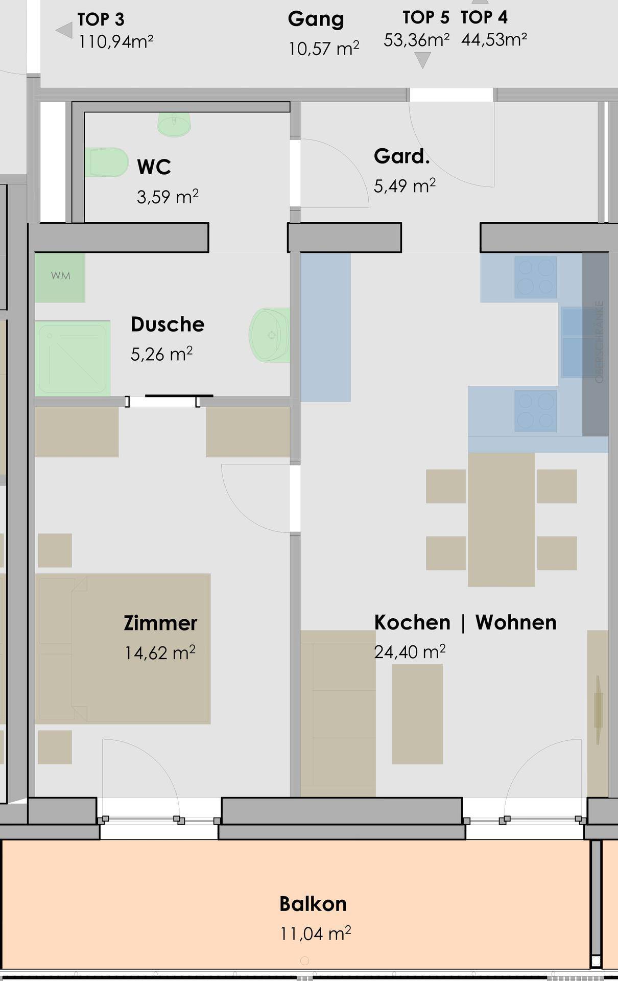 Grundriss einer Wohnung mit offenem Wohn-Essbereich, Schlafzimmer und Balkon.