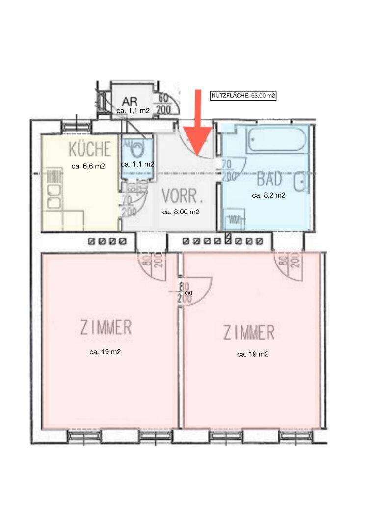 Grundriss der Wohnung mit Zimmern, Küche, Bad und Vorraum, Gesamtfläche 63 m².