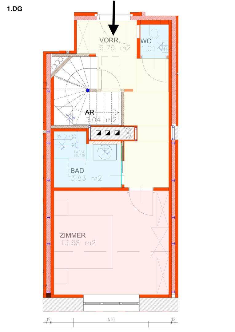 Grundriss des ersten Dachgeschosses mit Bad, WC und einem Zimmer.