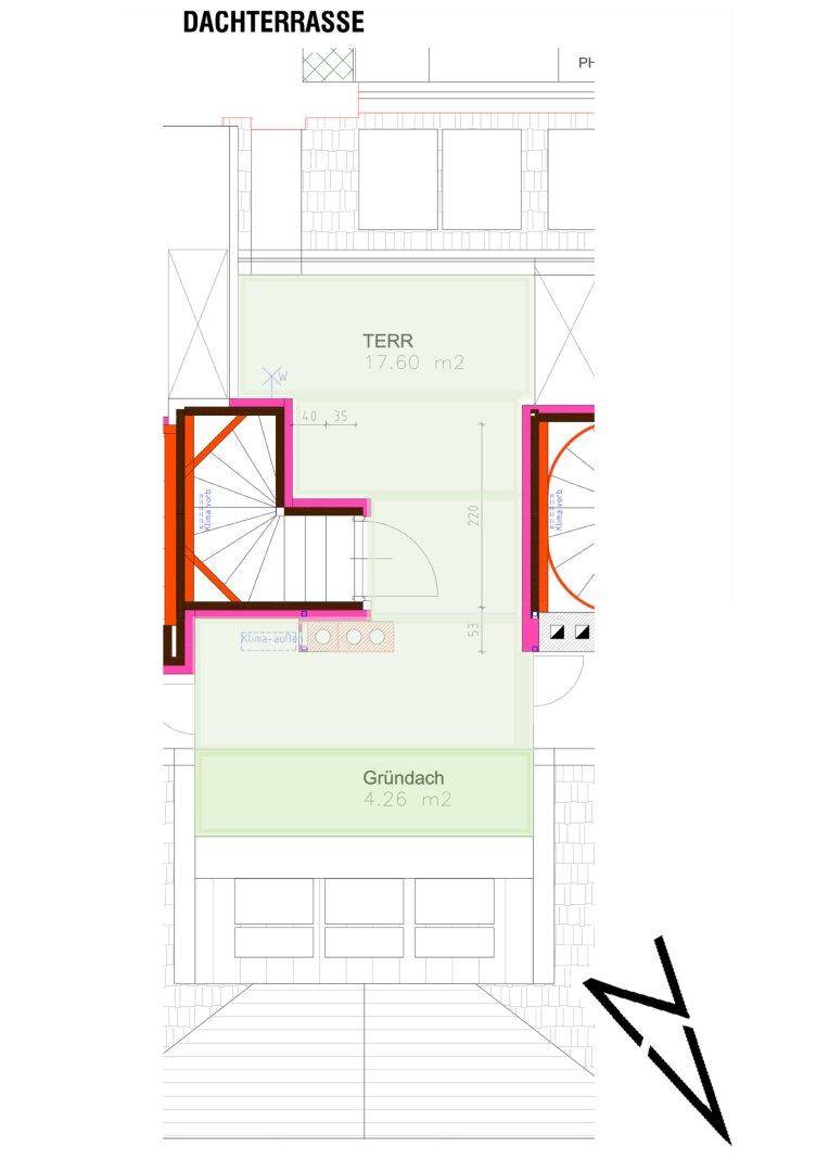 Grundriss der Dachterrasse mit Grünfläche und Zugang zur Wohnung.