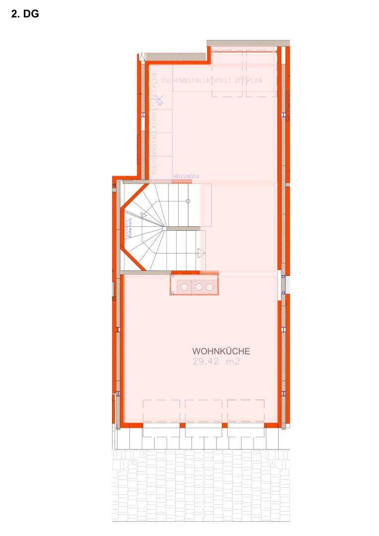 Grundriss des zweiten Dachgeschosses mit offener Wohnküche und Dachschrägen.