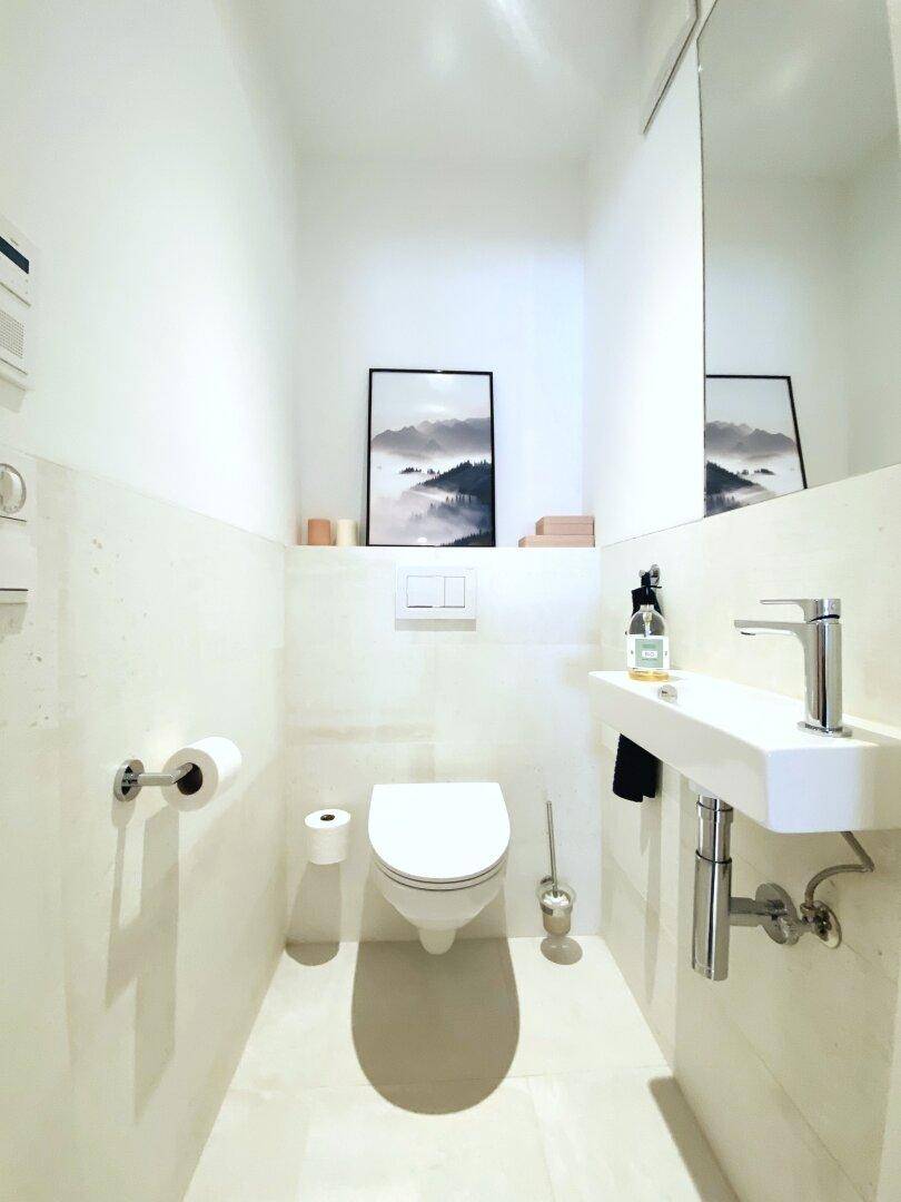 Modernes Gäste-WC mit wandhängender Toilette und kleinem Handwaschbecken.