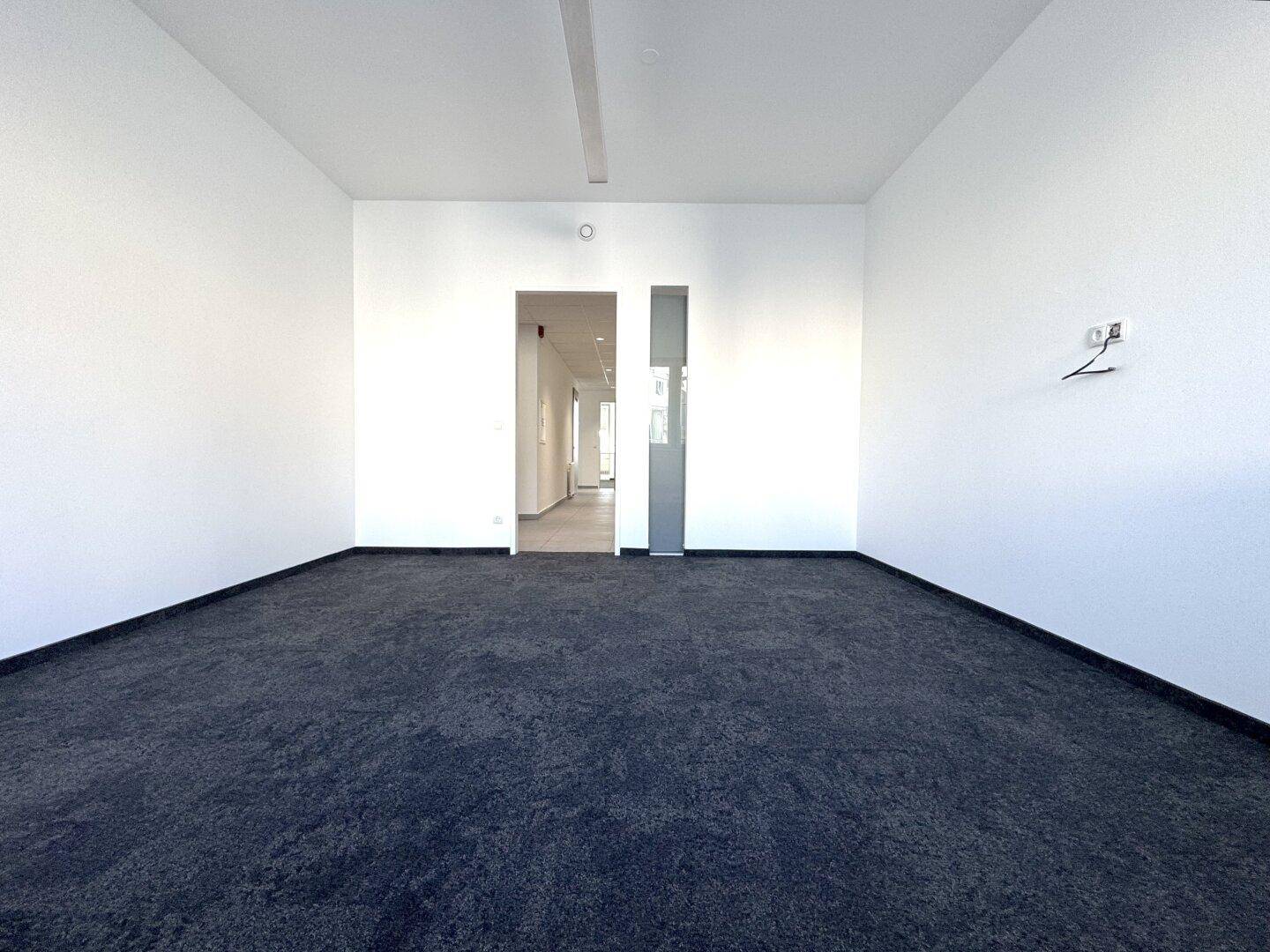 Schlichter Büroraum mit dunklem Teppichboden und weißen Wänden, der zu einem hellen Flur führt.