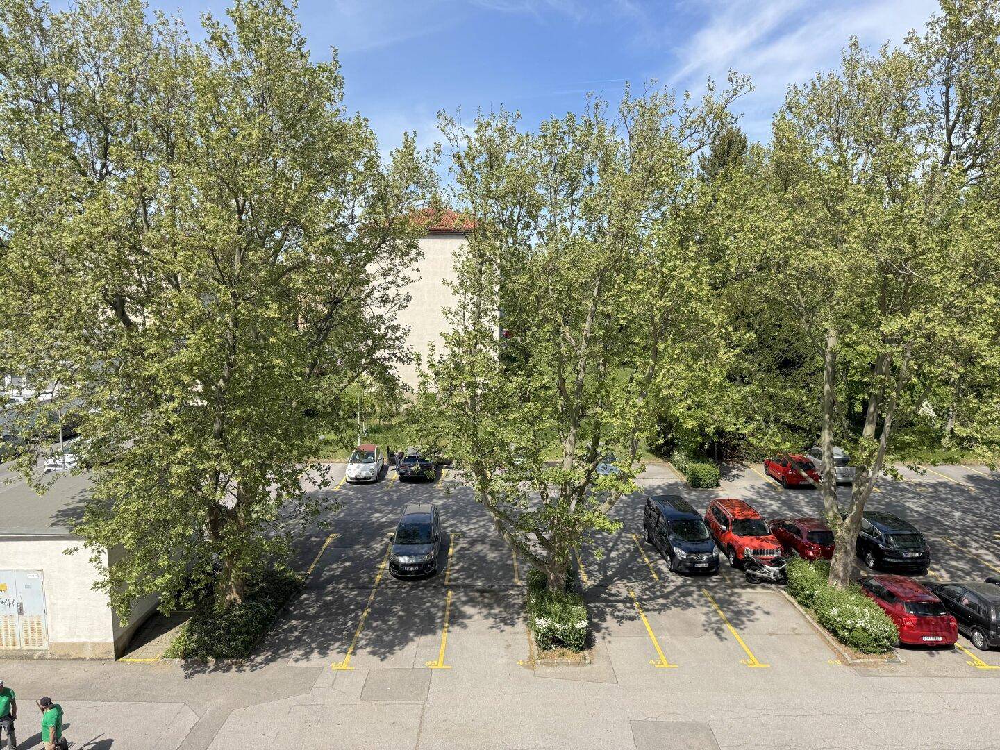 Außenparkplatz mit Autos, umgeben von großen Bäumen und Wohngebäuden im Hintergrund.