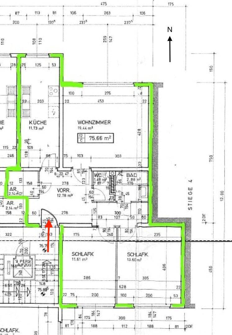 Grundriss einer Wohnung mit Küche, Wohnzimmer, zwei Schlafzimmern, Bad und separatem WC.