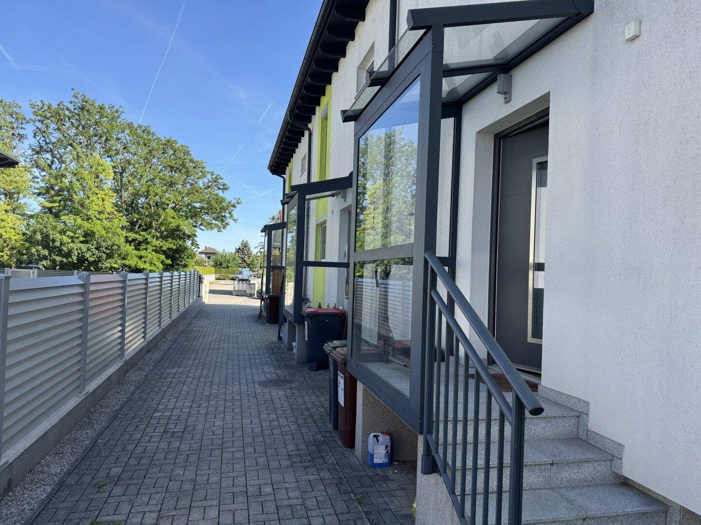 Seitlicher Eingangsbereich des Hauses mit gepflastertem Weg und modernem Vordach.