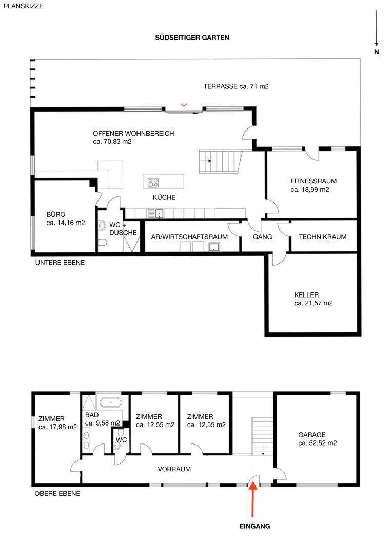 Grundriss der unteren und oberen Ebene mit offenem Wohnbereich, Fitnessraum und Garage.