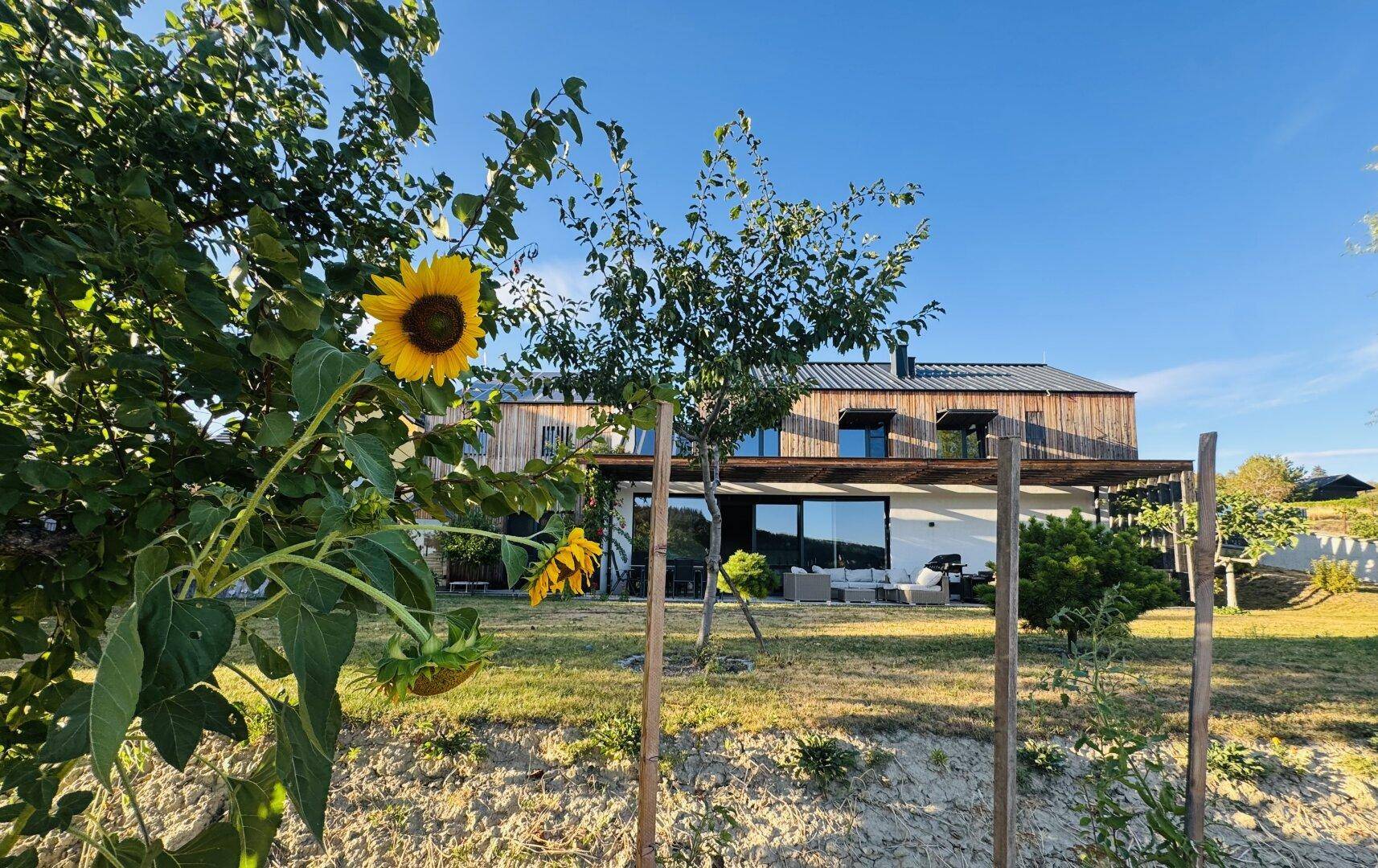 Modernes Haus mit Holzfassade und Garten, umgeben von grüner Natur unter strahlendem Himmel.
