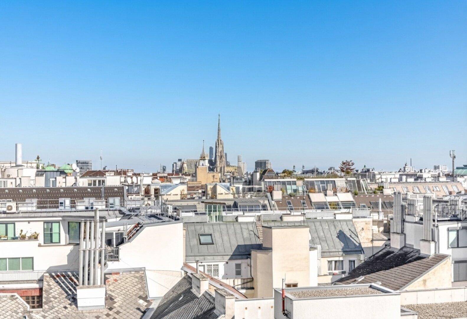 Weitläufige Dachlandschaft einer Stadt mit Kirchturm und vielen Gebäuden unter klarem Himmel.