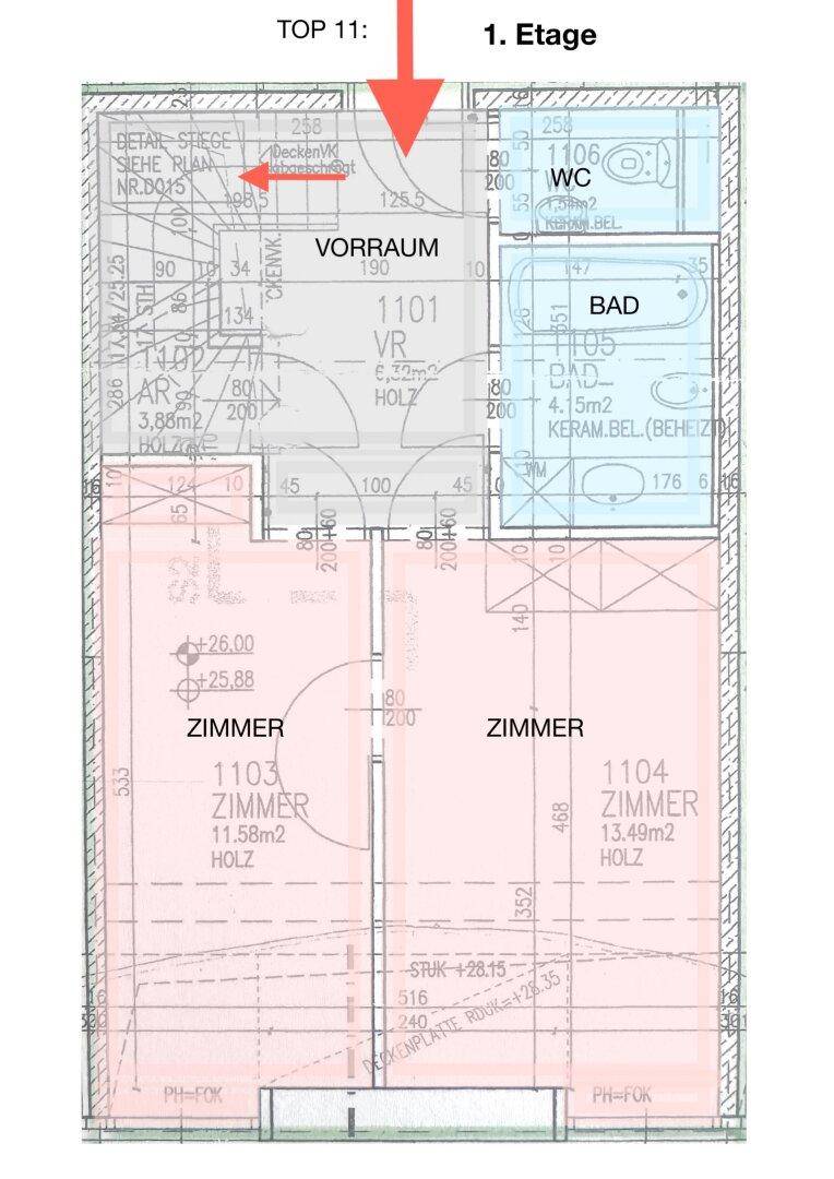 Grundriss der ersten Etage mit Vorraum, Bad, WC und zwei Zimmern.