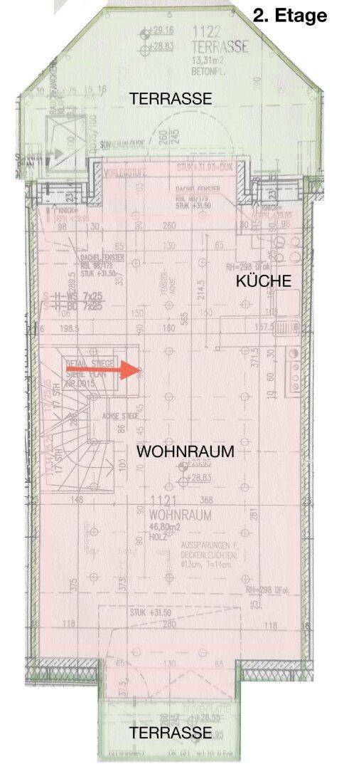 Grundriss der zweiten Etage mit Wohnraum, Küche und zwei Terrassen.