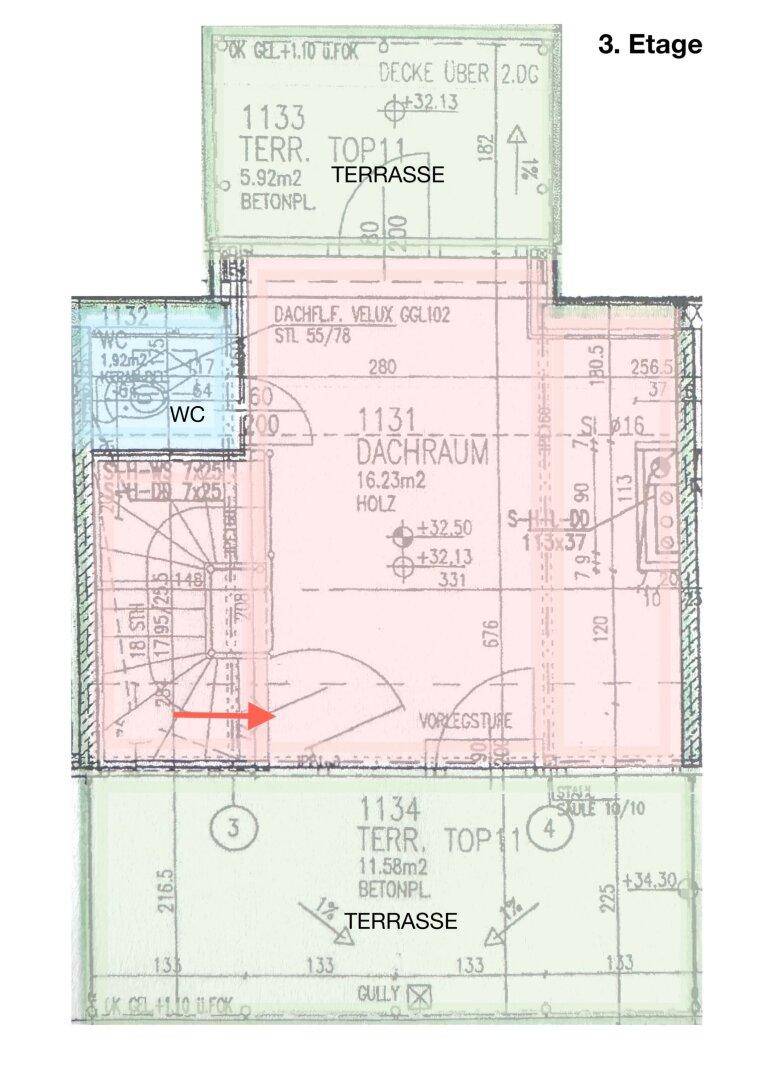 Grundriss der dritten Etage mit Dachraum, WC und zwei Terrassen.