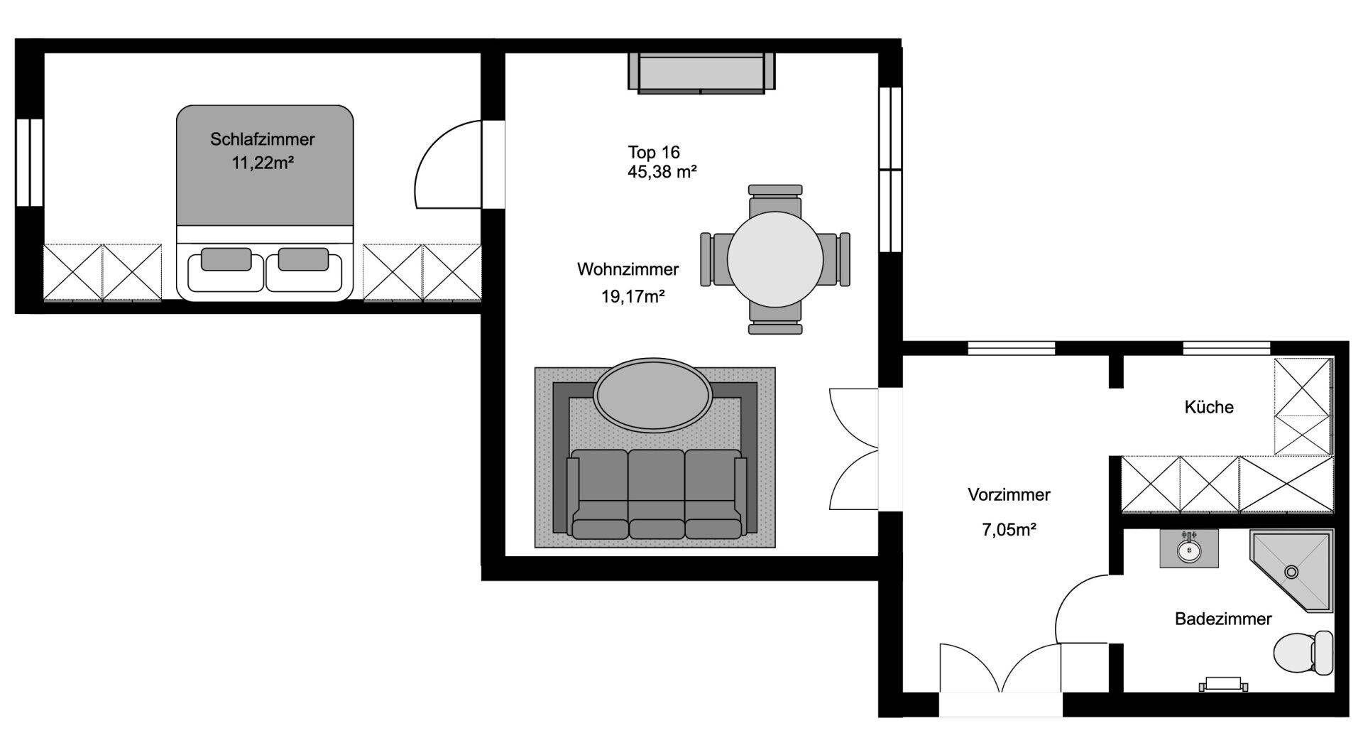 Grundriss der Wohnung mit Schlafzimmer, Wohnzimmer, Küche und Bad.