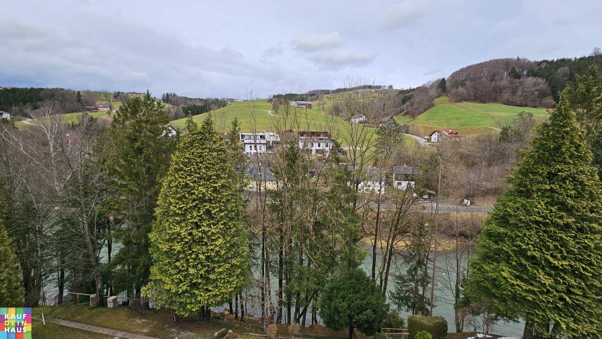 Weitläufiger Panoramablick auf die umliegende Natur mit grünen Hügeln, Bäumen und einem Gewässer.