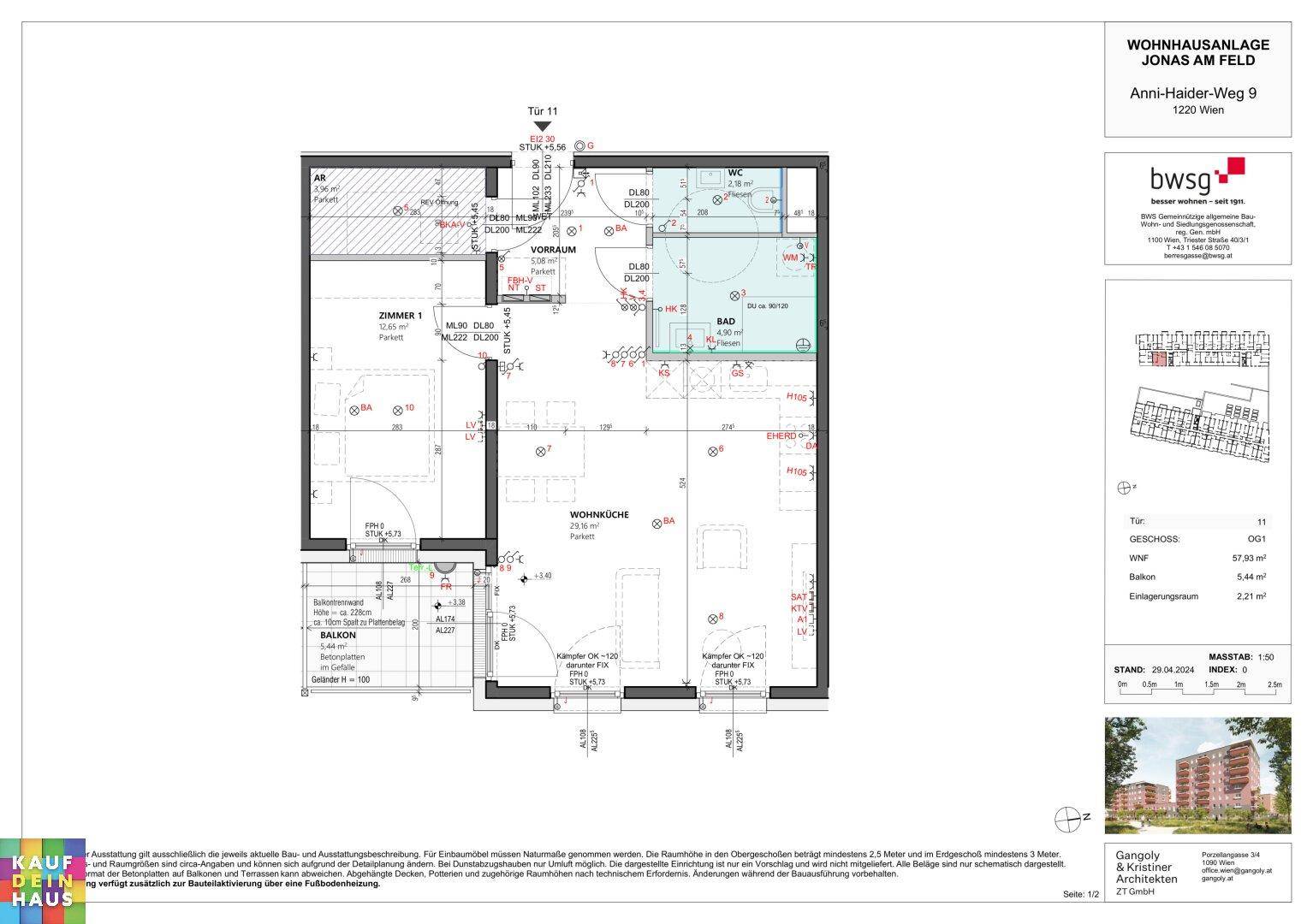Grundriss einer Wohnung mit offener Wohnküche, einem Schlafzimmer, Bad und Balkon.