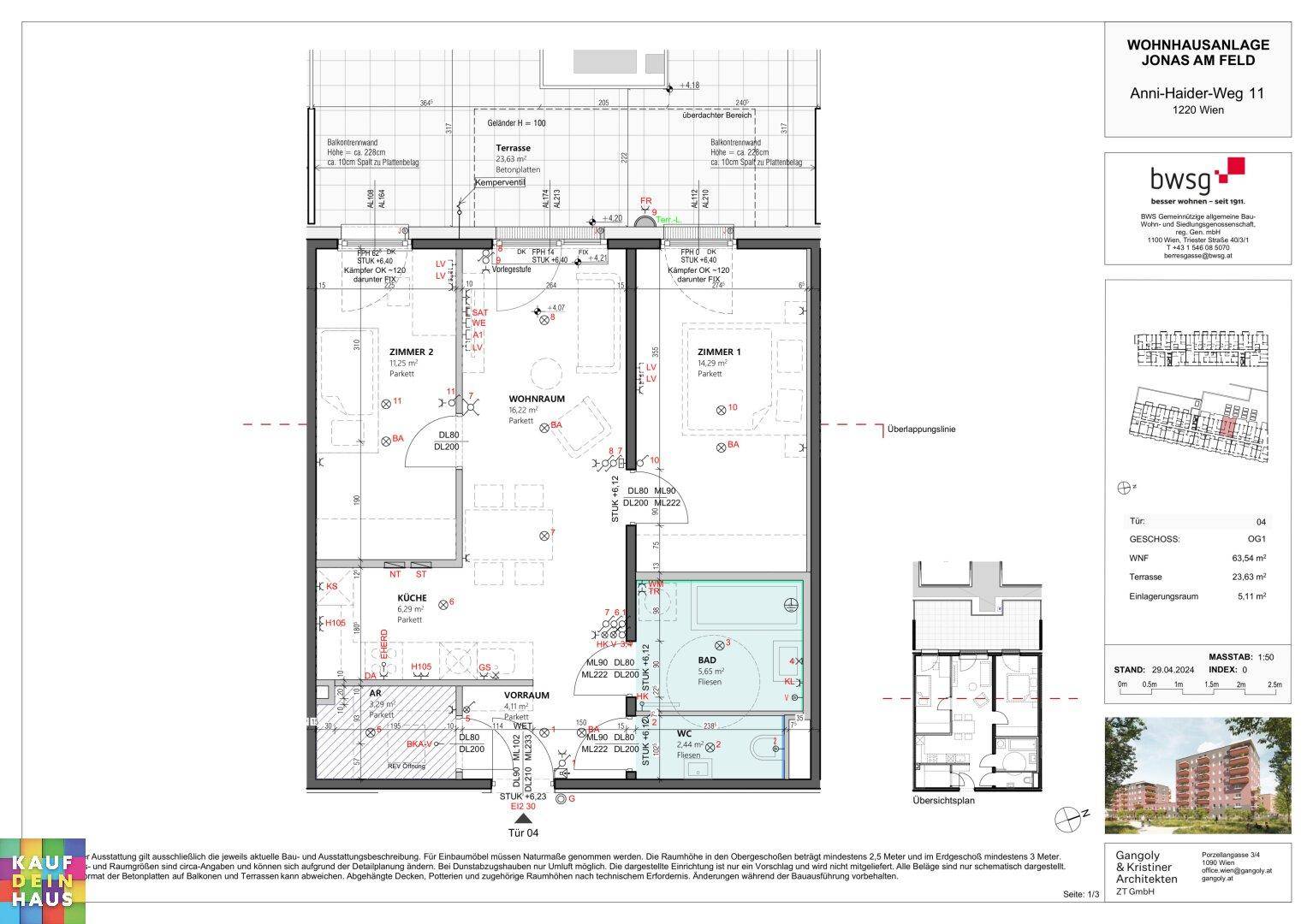 Grundriss einer Wohnung mit offenem Wohnbereich, Küche, zwei Schlafzimmern, Bad, separatem WC und Terrasse.