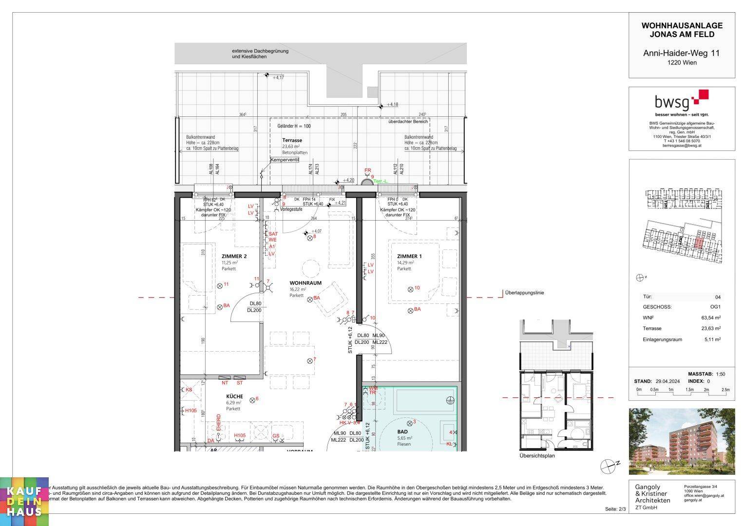Grundriss einer Wohnung mit offenem Wohnbereich, Küche, zwei Schlafzimmern, Bad, separatem WC und Terrasse.