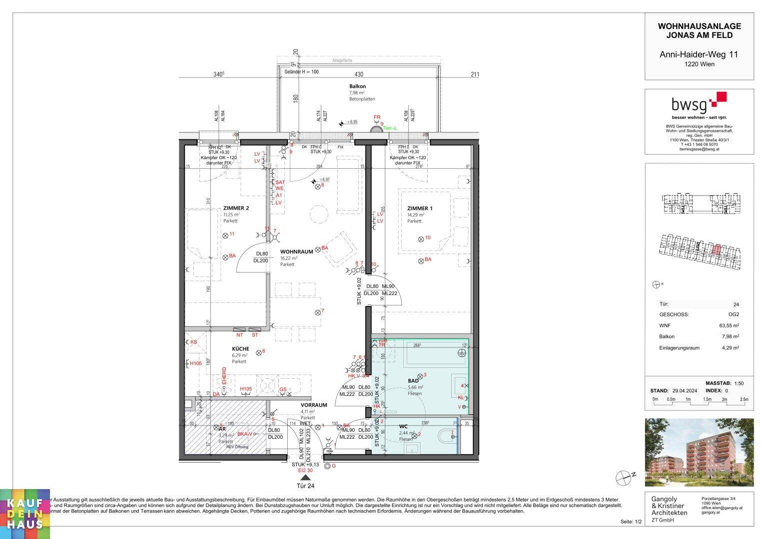 Grundriss einer Wohnung mit zwei Schlafzimmern, offenem Wohnbereich, Küche, Bad und Balkon.
