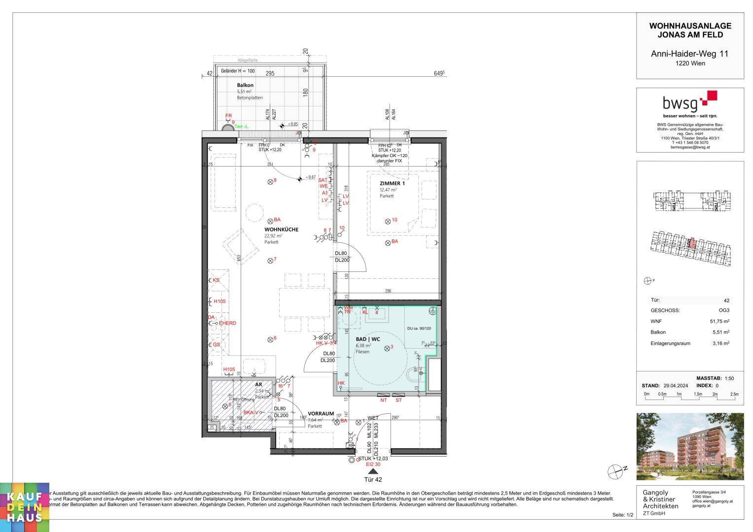 Grundriss einer modernen Wohnung mit offener Wohnküche, Schlafzimmer, Bad und Balkon.