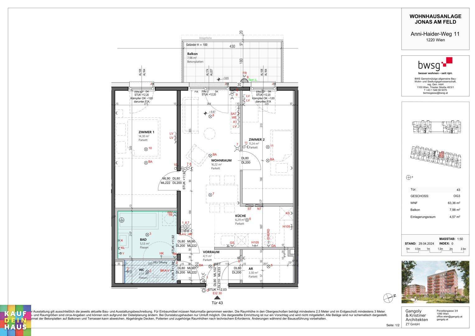 Grundrissplan der Wohnung Top 43 mit zwei Zimmern, offenem Wohnbereich und Balkon in Wien.