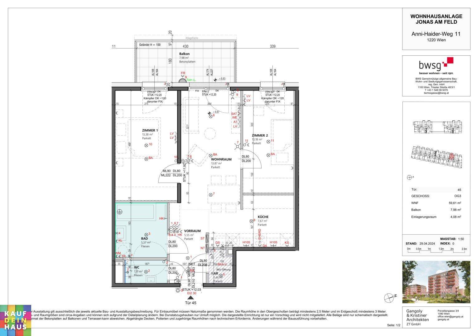Grundriss einer Wohnung mit zwei Schlafzimmern, separater Küche, Bad, WC und Balkon.