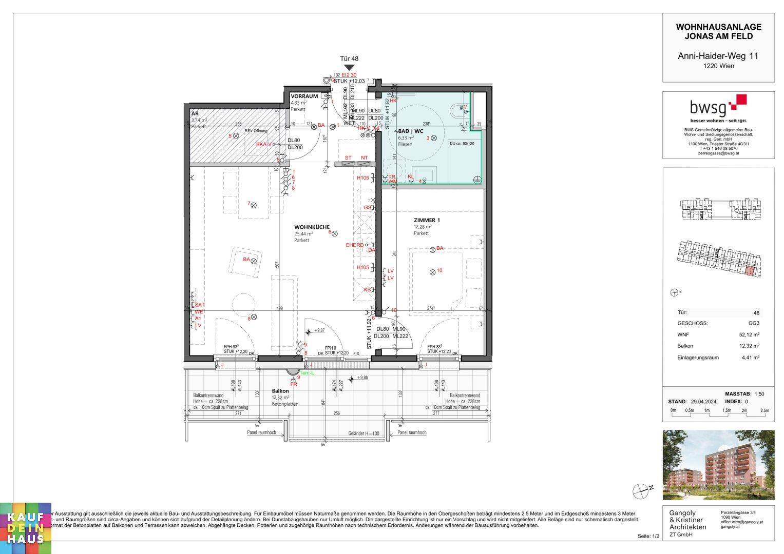 Detaillierter Grundriss einer Wohnung mit offener Wohnküche, Schlafzimmer, Bad und Balkon.
