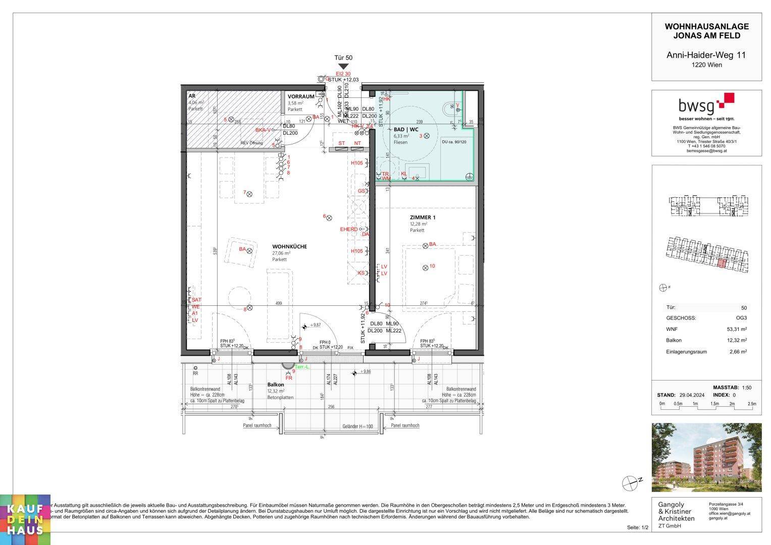 Grundriss einer Wohnung mit offener Wohnküche, Schlafzimmer, Bad, separatem WC und Balkon.