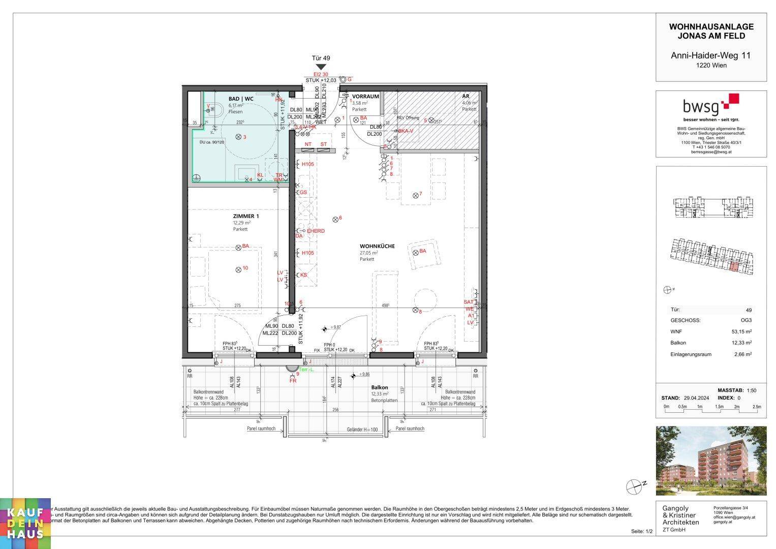 Grundriss einer Wohnung mit offener Wohnküche, einem Schlafzimmer, Bad und Balkon.