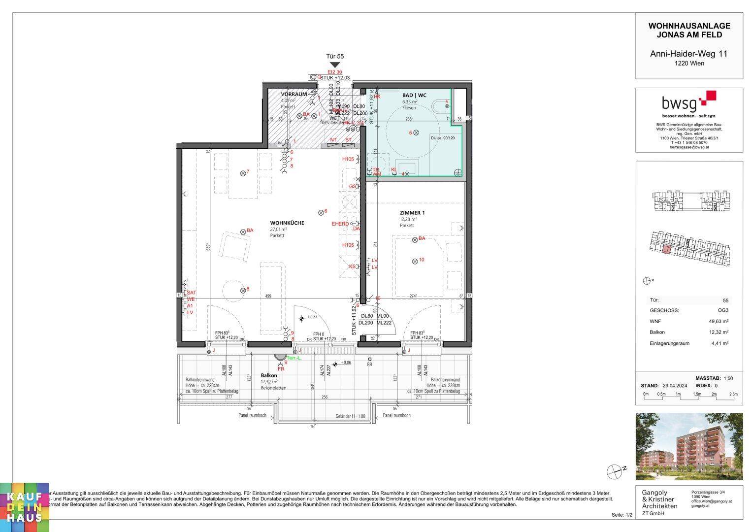 Grundriss einer Wohnung mit Wohnküche, Schlafzimmer, Bad und Balkon.