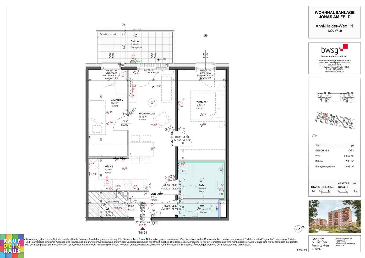 Grundriss einer Wohnung mit zwei Zimmern, Wohnraum, Küche, Bad, separatem WC und Balkon.