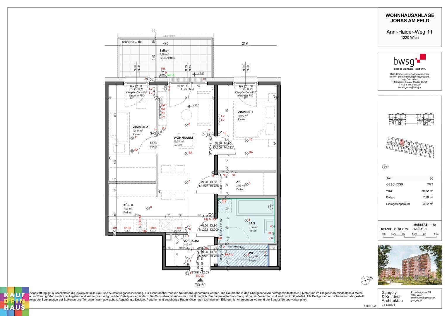 Grundriss einer Dreizimmerwohnung mit separater Küche, Bad, WC und einer Loggia.
