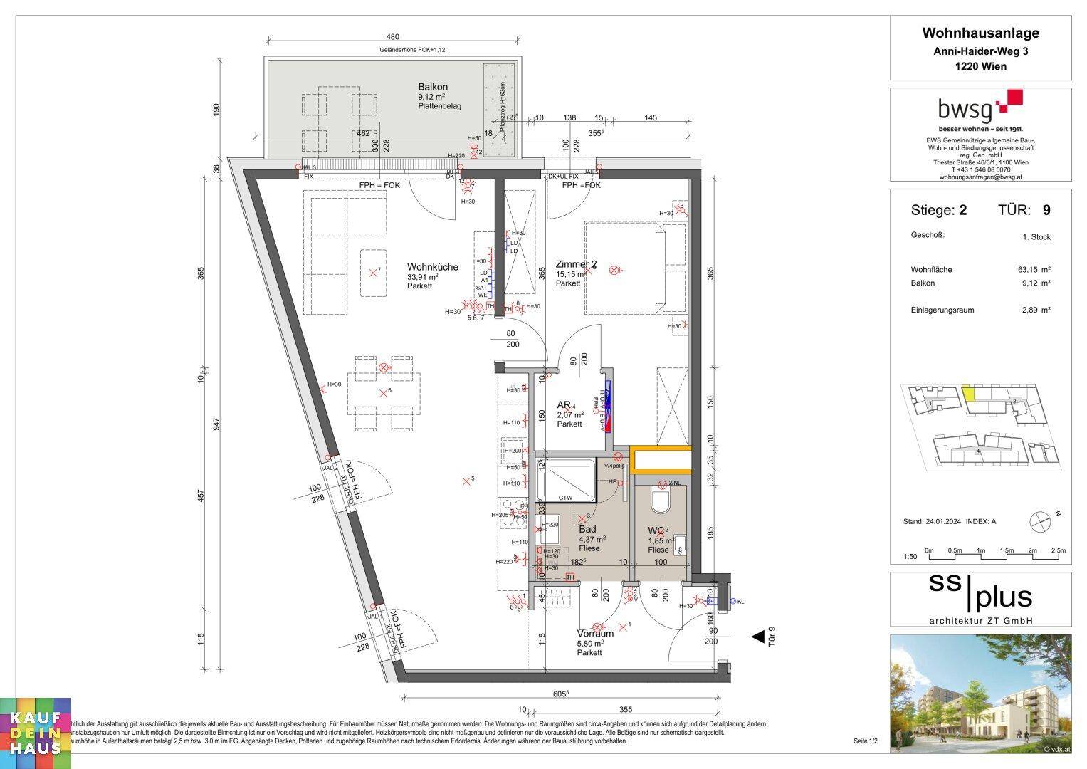 Grundriss einer Wohnung mit offenem Wohn-Essbereich, zwei Zimmern, Bad und Balkon.
