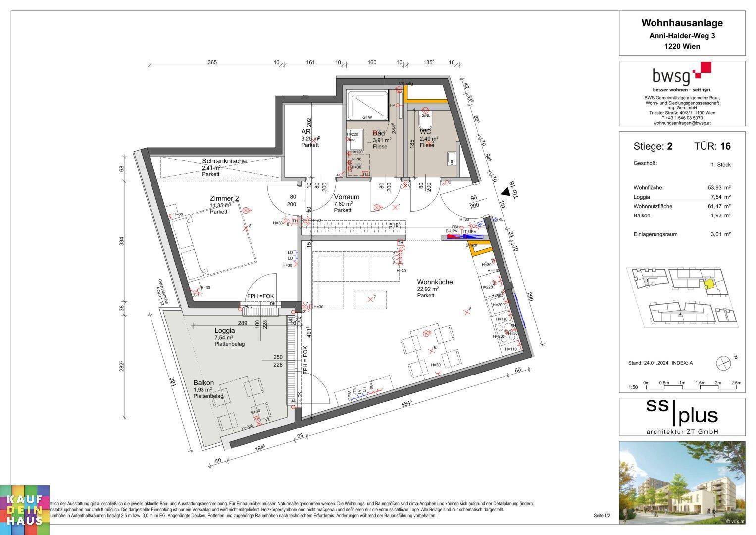Grundriss einer Wohnung mit offener Wohnküche, zwei Zimmern, Loggia und Balkon.