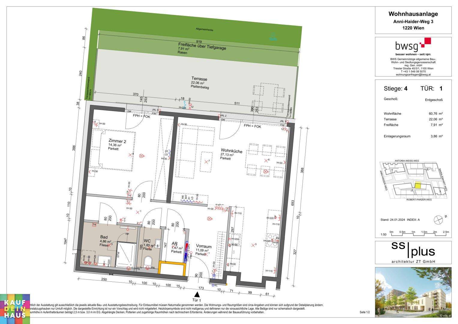 Grundriss einer Wohnung mit Wohnküche, zwei Zimmern, Bad, WC und einer großzügigen Terrasse.