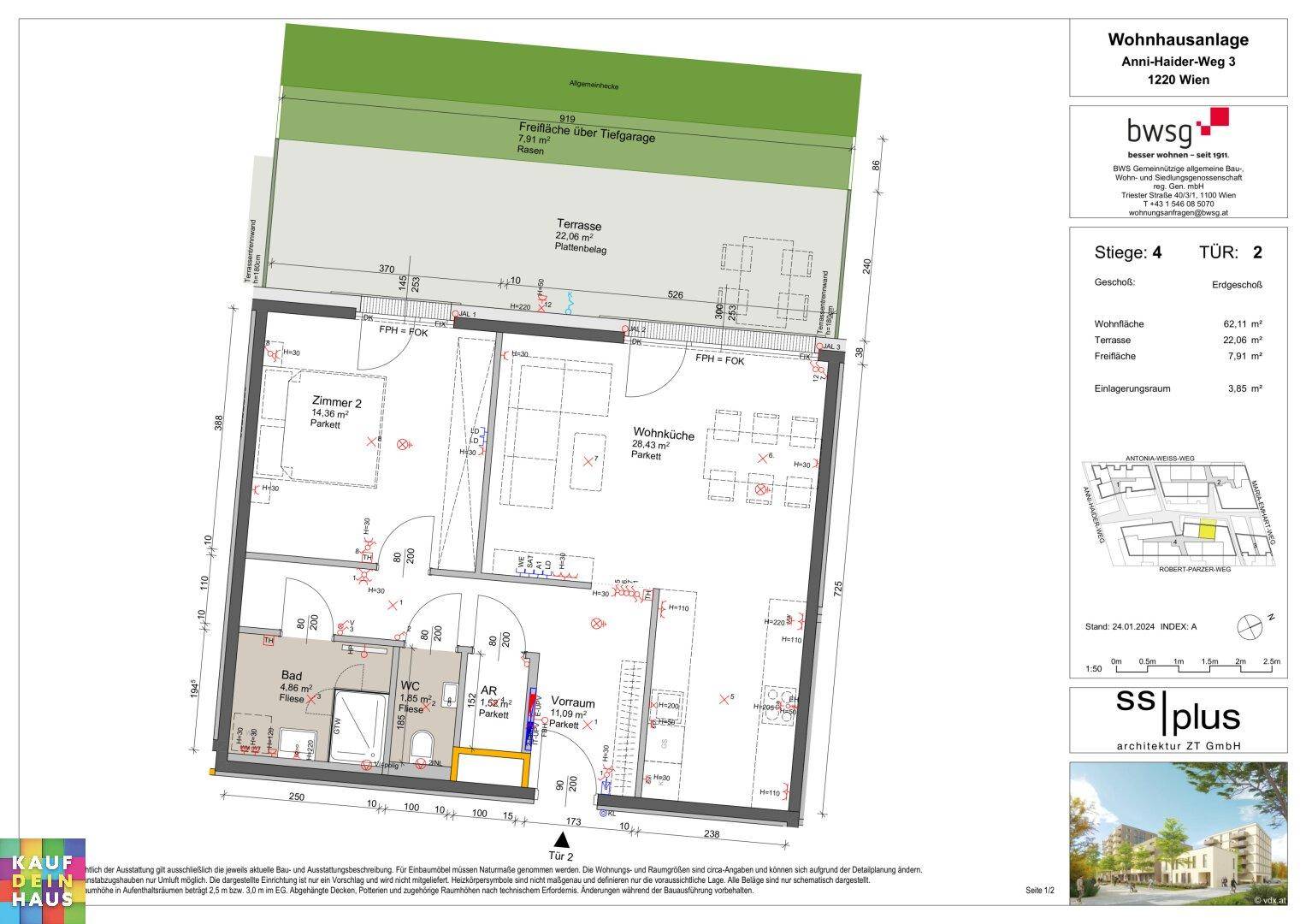 Detaillierter Grundriss einer Wohnung mit Wohnküche, Schlafzimmer, Bad und einer großzügigen Terrasse.