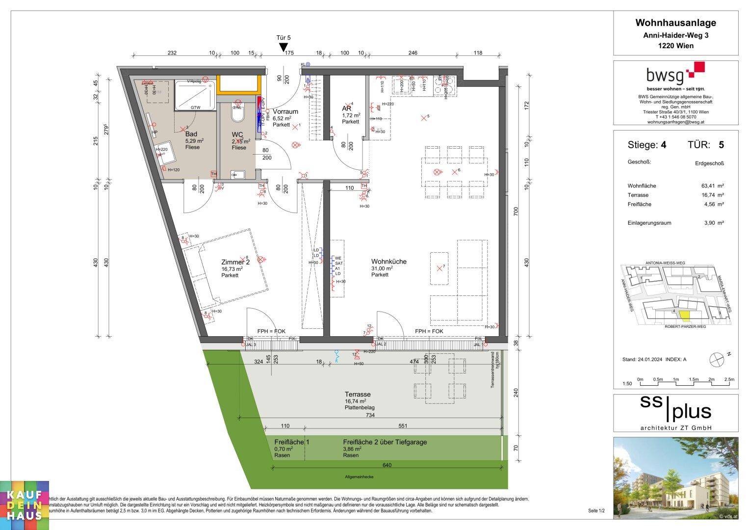 Grundriss einer modernen Wohnung mit offenem Wohnbereich, zwei Schlafzimmern, Bad, WC, Terrasse und Gartenanteil.