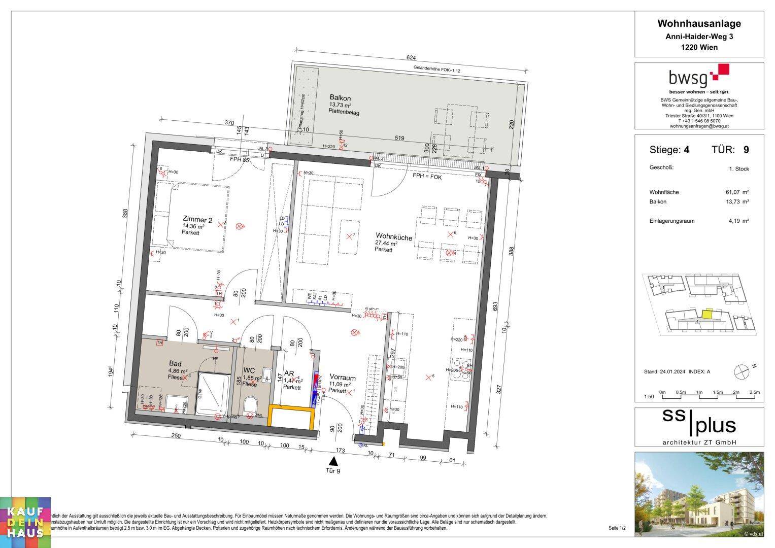 Grundriss einer Wohnung mit Wohnküche, zwei Zimmern, Bad, WC und Balkon.