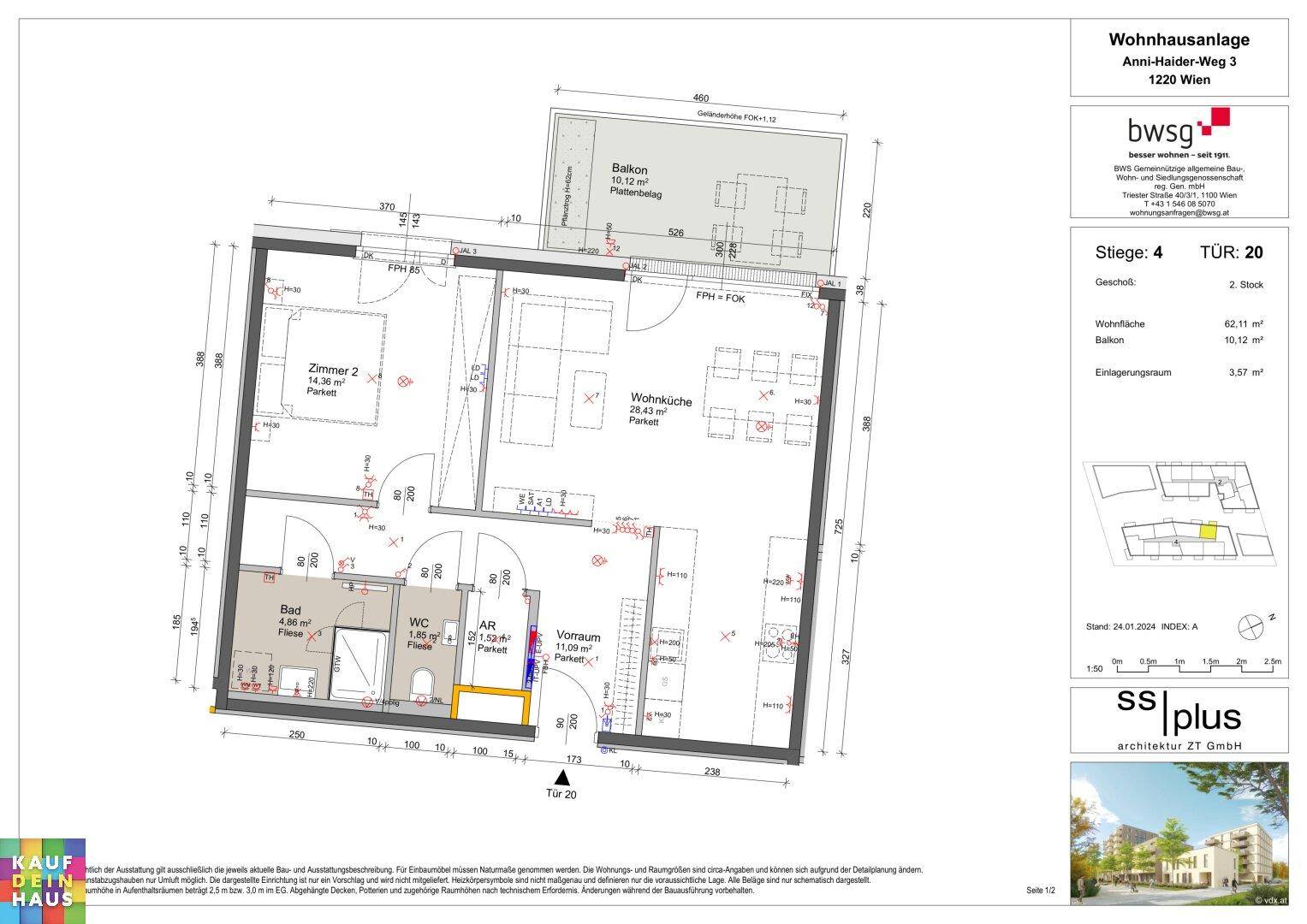 Detaillierter Grundriss einer Wohnung mit Wohnküche, zwei Zimmern und Balkon.