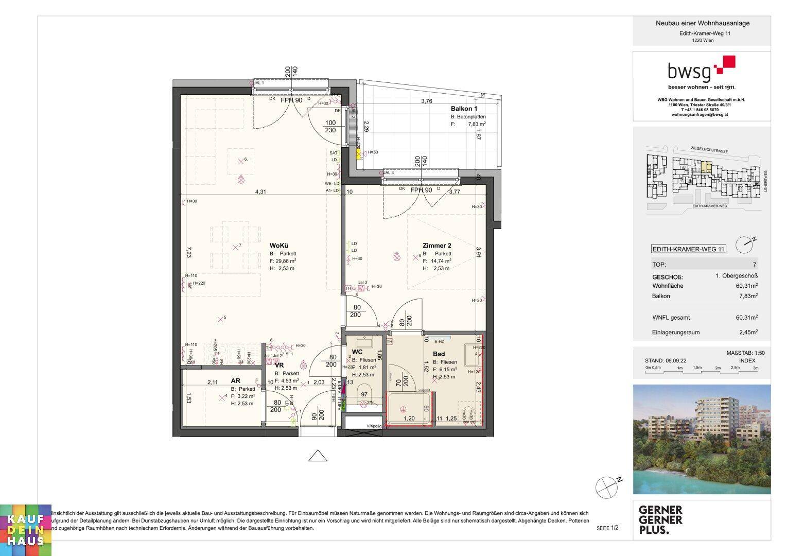 Detaillierter Grundriss einer Wohnung mit offenem Wohnbereich, Schlafzimmer, Bad und Balkon.