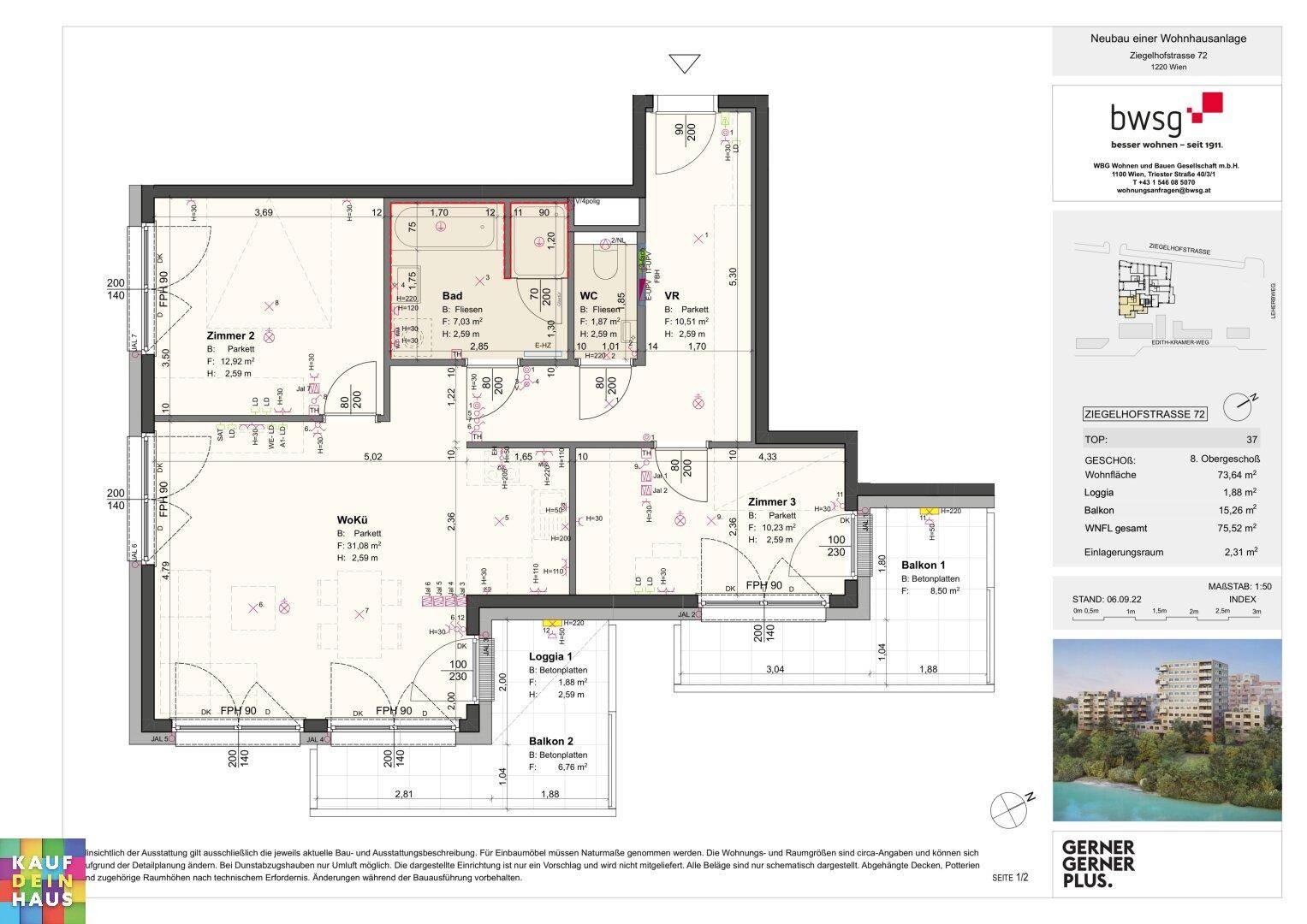Detaillierter Grundriss einer Wohnung mit drei Zimmern, zwei Bädern, Balkonen und einer Loggia.