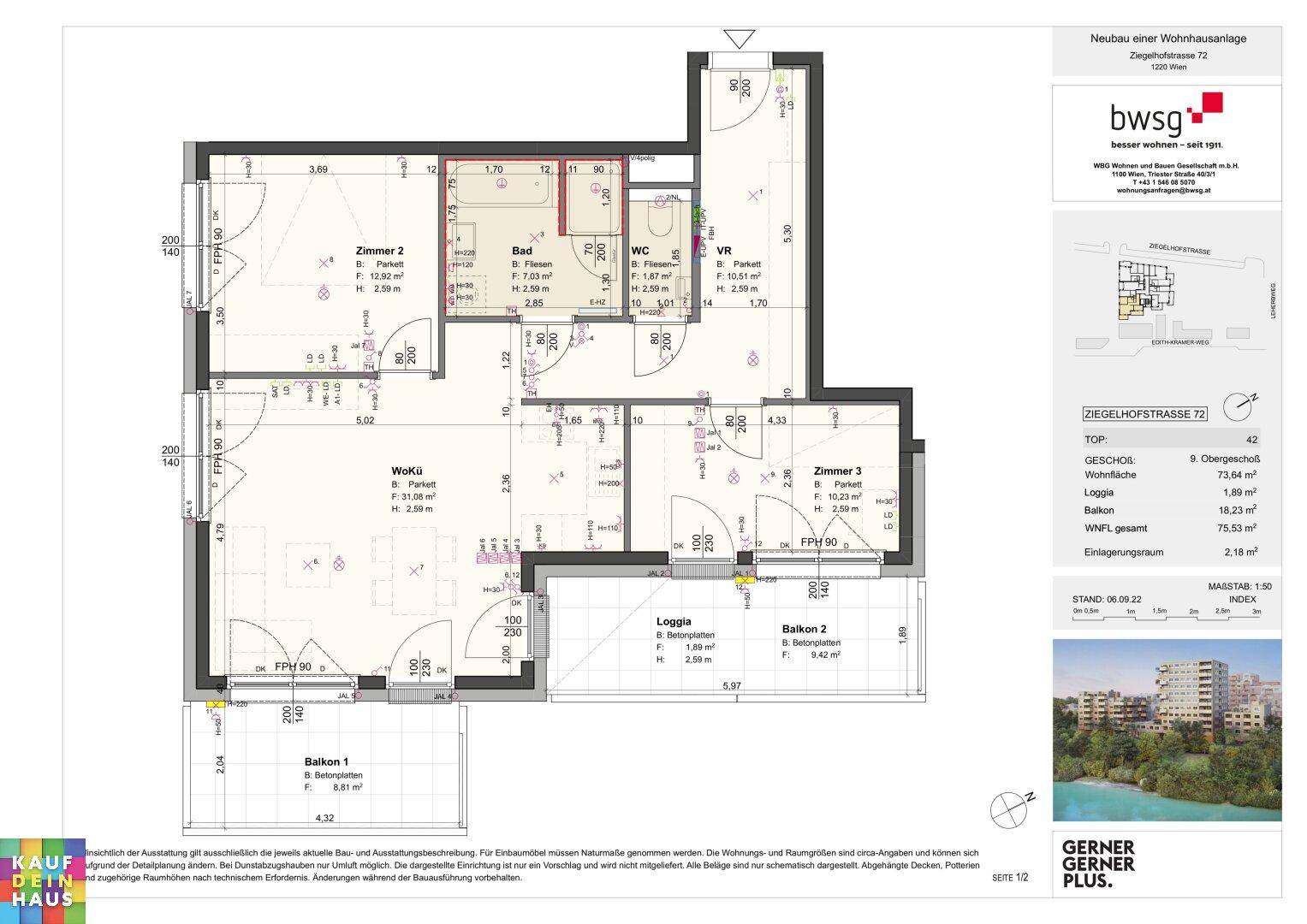 Detaillierter Grundriss einer Wohnung mit drei Zimmern, zwei Balkonen und einer Loggia.