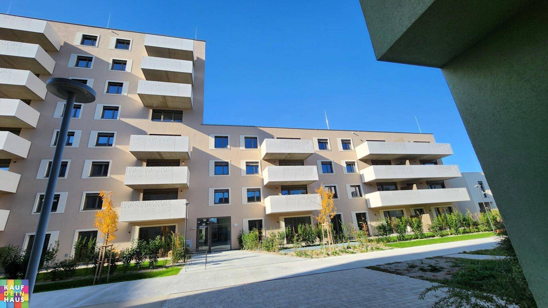 Detaillierter Grundriss einer Wohnung mit Wohnküche, zwei Zimmern, Bad und Terrasse.