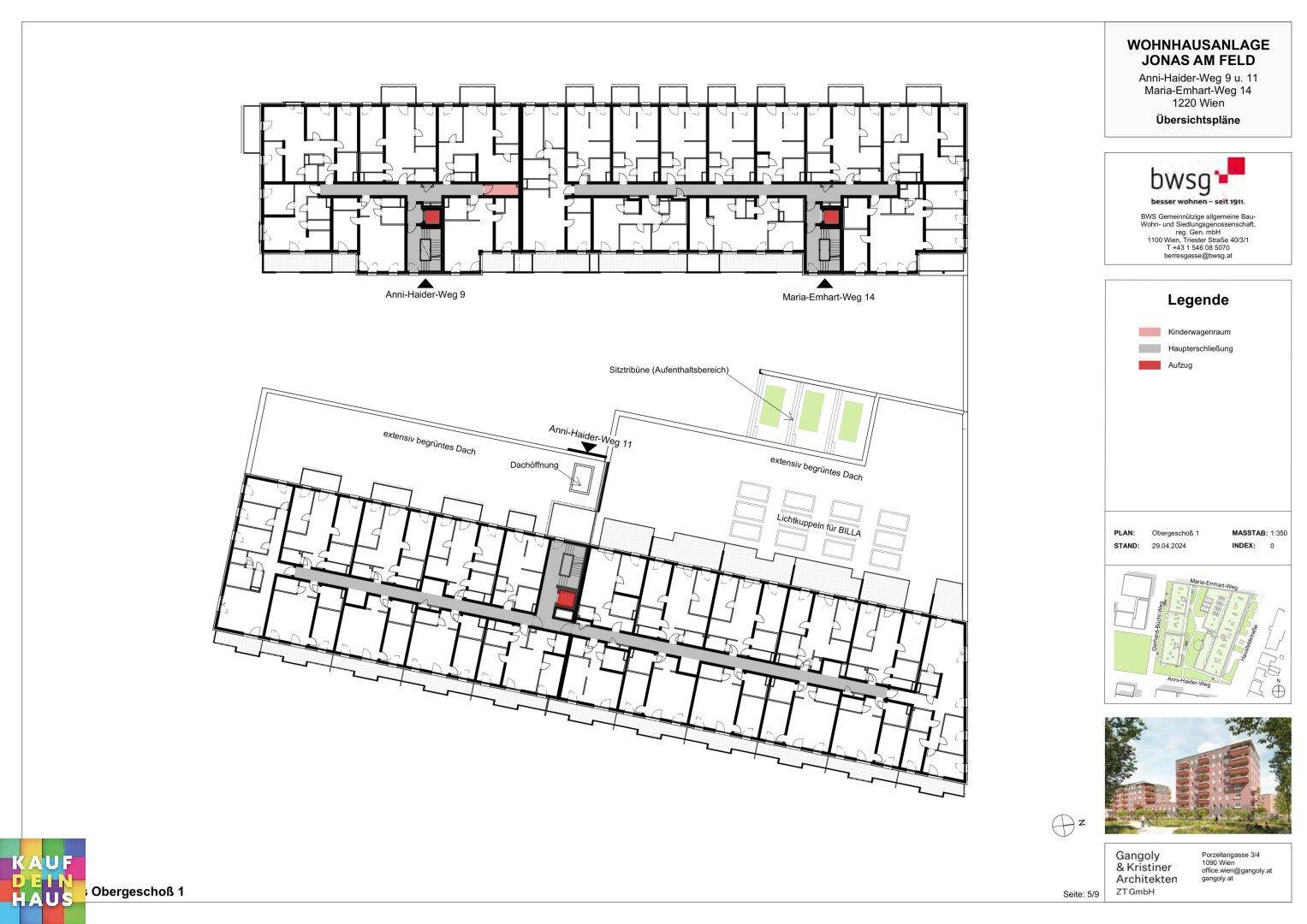 Grundriss des Obergeschosses mit mehreren Wohneinheiten und Balkonen.