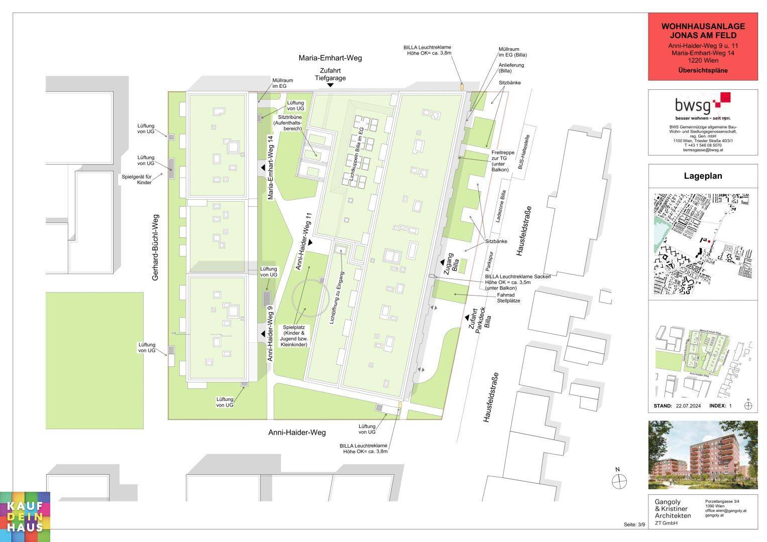 Lageplan der Wohnhausanlage mit Gebäuden, Zufahrten und Grünflächen.