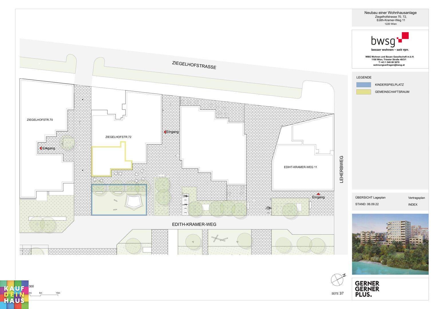 Lageplan der Wohnanlage mit Gebäuden, Eingängen, Kinderspielplatz und Gemeinschaftsräumen.