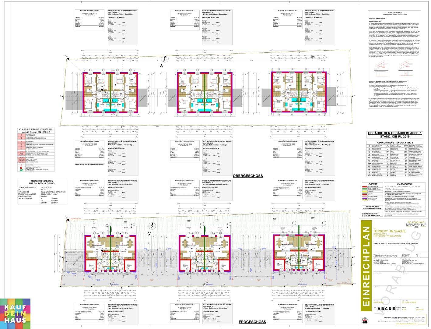 Detaillierter Einreichplan mit Grundrissen für Erd- und Obergeschoss mehrerer Wohneinheiten.