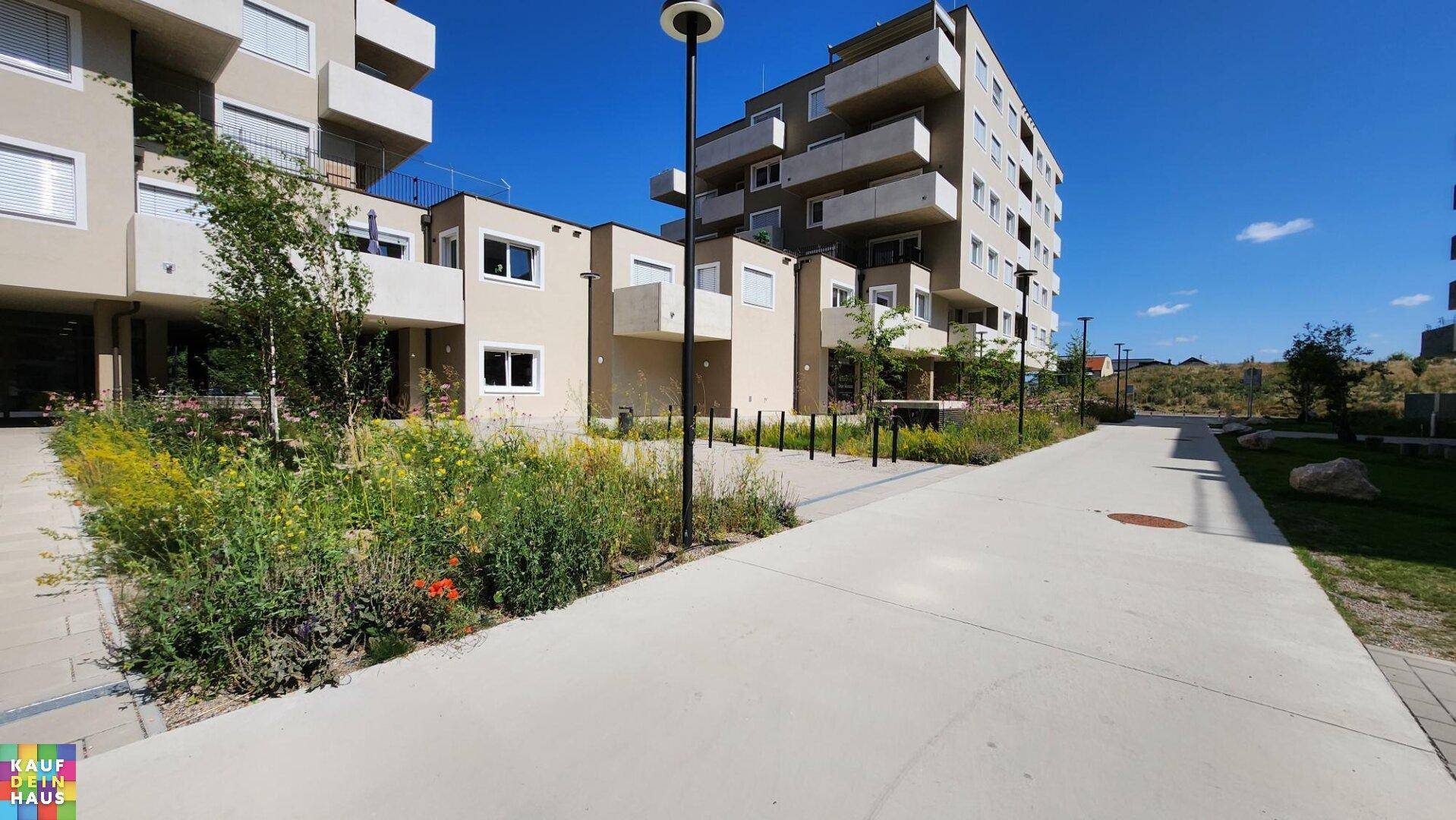 Außenbereich eines modernen Wohnkomplexes mit Wegen und Bepflanzung unter blauem Himmel.