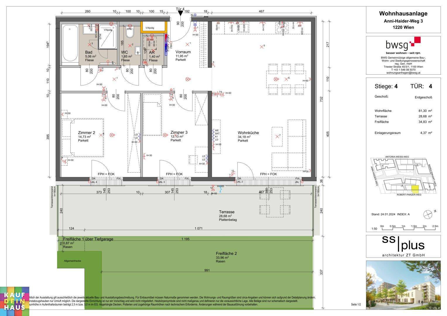 Detaillierter Grundriss einer Wohnung mit Wohnküche, zwei Zimmern und großer Terrasse.