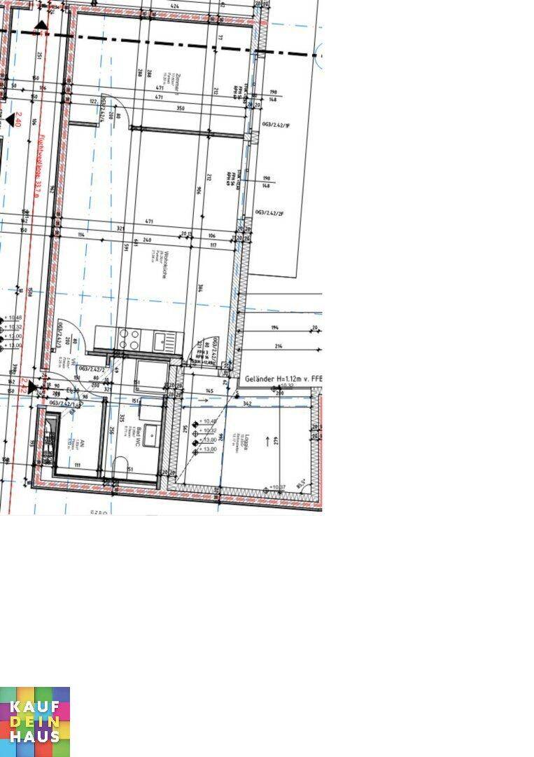 Detaillierter Grundriss einer Wohneinheit mit funktionaler Raumaufteilung, Küche, Bad und Balkonzugang.
